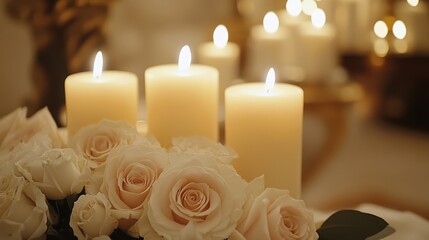 Obraz premium Soft candlelight illuminates a bouquet of delicate roses, creating a serene and romantic ambiance.