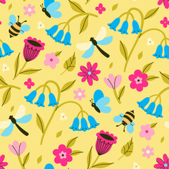 Seamless pattern with dragonflies, bees, butterflies, flowers. Vector graphics.