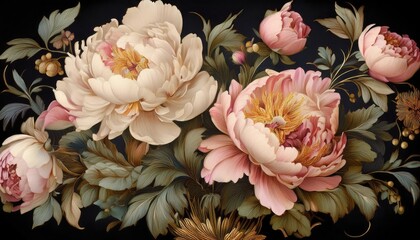 Elegant BaroqueInspired Vintage Peony Bouquet Against a Dark Backdrop, Capturing the Rich Aesthetics of Old Fashion Style.