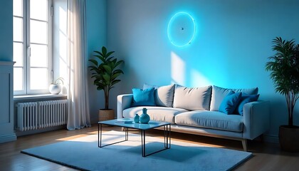 modern living room with blue sofa
