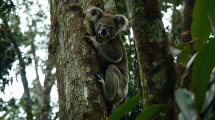 Obraz premium Koala bear climbing a eucalyptus tree in a rainforest.