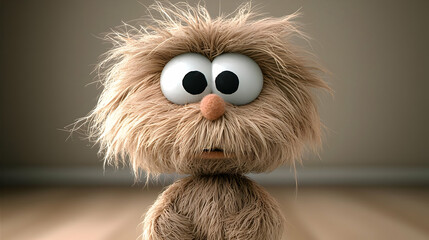 Fototapeta premium Fluffy creature, worried expression, indoor setting, blurred background, children's book illustration