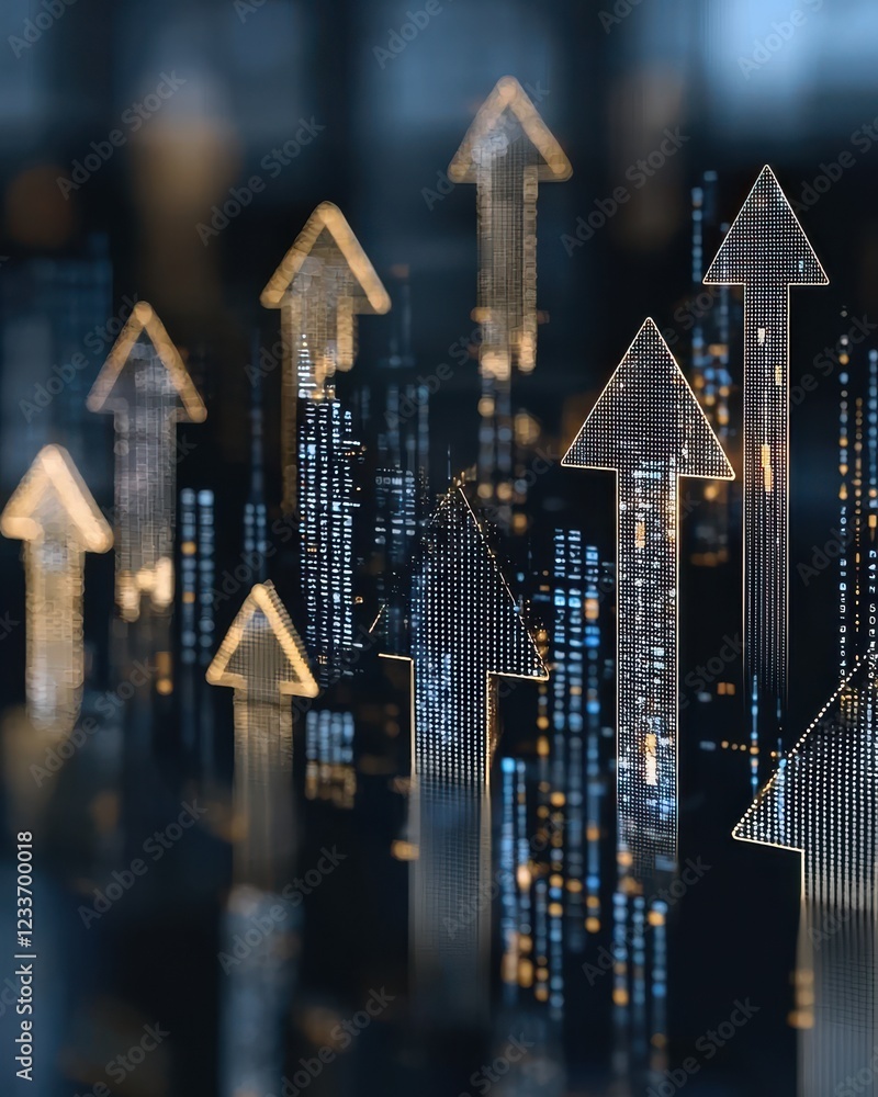 Poster abstract forms of glowing financial arrows with data visuals in a futuristic environment