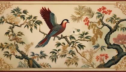 Majestic Chinoiserie Wallpaper Intricately Detailed Birds Trees Amidst Vintage Patterns, Richly Textured Aesthetically Pleasing, Perfect for Home Decor, Artistic Inspiration or Design