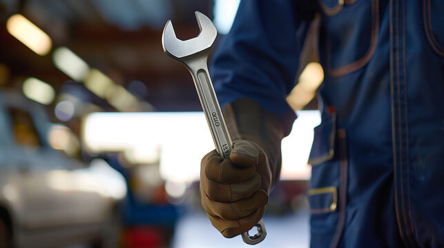 Professional mechanic in work attire holding a wrench tool in automotive repair workshop with blurred vehicles and tools in background