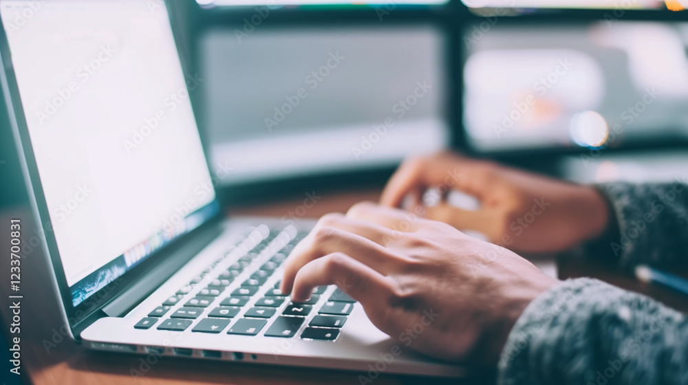 Poster close-up of hands typing on a laptop keyboard in a modern workspace with multiple screens illuminati