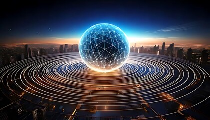 A networked sphere glows above concentric rings in a futuristic cityscape scene (1)