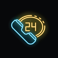 Blue neon sign in the shape of a phone receiver is showing 24 hours availability