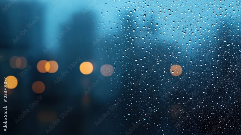 Poster raindrops on a window with soft bokeh background and urban landscape in the evening light