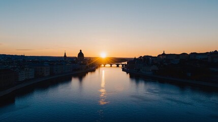 Stunning Sunset over European Cityscape  River  Bridge   Buildings
