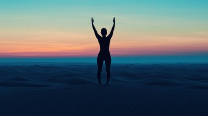 Fototapeta premium Woman silhouetted against a desert sunset, arms raised in triumph.