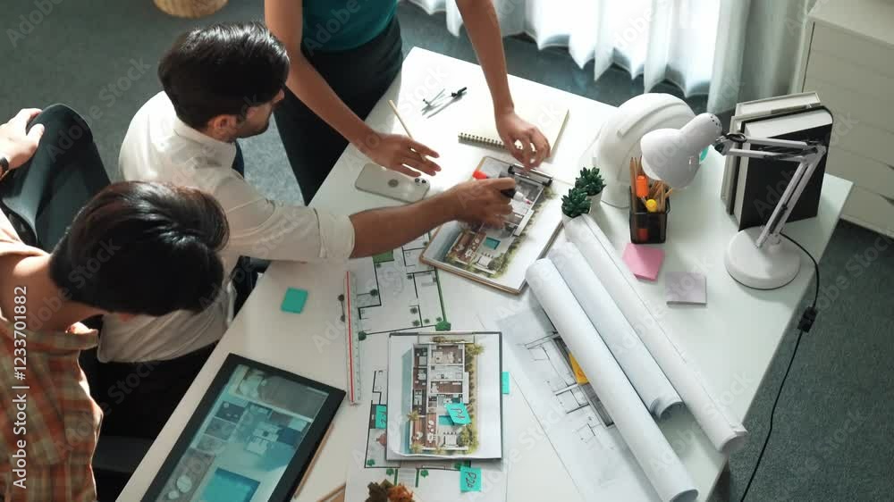 Aufkleber top view of professional architect engineer team writing sticky notes and sticking note at meeting t