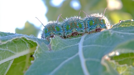 Close-up of three vibrant turquoise and green caterpillars on a leaf.