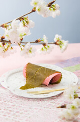 関東風桜もち、桜の枝と和紙の背景