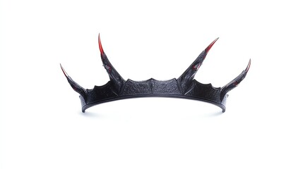 Naklejka premium A unique black crown with sharp spikes and red accents, symbolizing power and darkness, against a white isolated background.