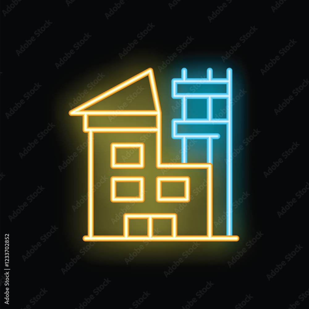 Poster bright neon icon showing a building under construction with scaffolding