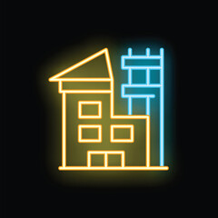 Bright neon icon showing a building under construction with scaffolding