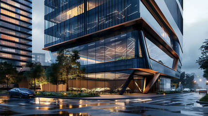 Fototapeta premium Modern office building or business center. High-rise window buildings made of glass reflect the clouds and the sunset. 
