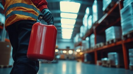 Chemical safety scene featuring a man in safety attire carefully holding a gasoline canister, with a neat warehouse background, highlighting proper handling of hazardous materials