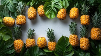 Fototapeta premium Tropical Pineapple Paradise: A Vibrant Frame of Exotic Fruit and Lush Greenery