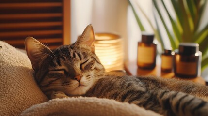 Close-up of a relaxed cat getting pampered with gentle treatments in a warm, cozy home, creating a soothing atmosphere for an animal's spa experience 