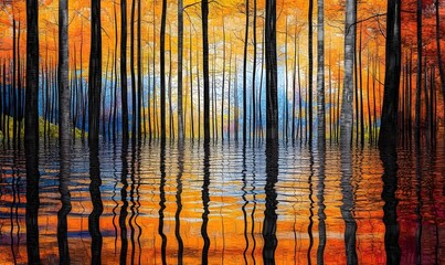 Autumn forest flooded, reflecting vibrant colors, serene background, nature wallpaper