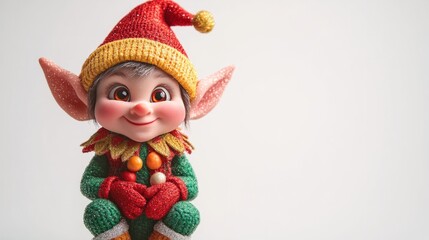 A small, realistic elf wearing bright, festive garments with glittering details, a cheerful expression, and pointy ears, standing isolated on white