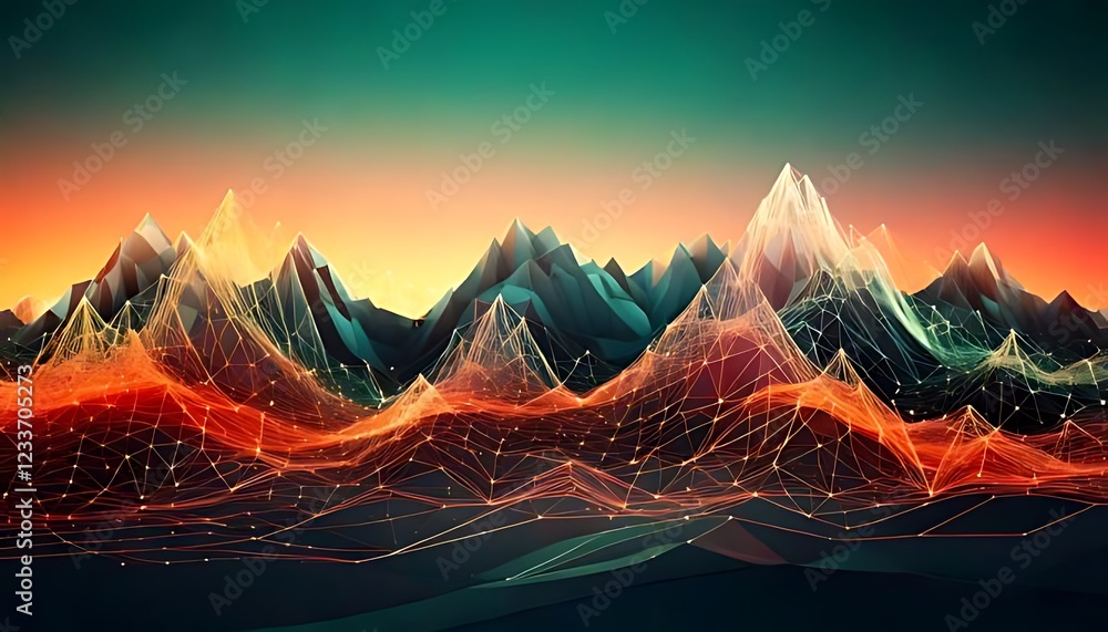 Poster a stylized mountain range is rendered with glowing, geometric lines and sparkly textures on a soft, 