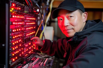 Technician Adjusting Equipment with Bright Control Panel Lights in Background, Focused Expression Highlighted by Red and White LEDs in a Technical Environment