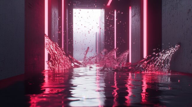 Surreal water splashes in a fluid, abstract digital setting, surrounded by dynamic visuals and a mysterious, enigmatic atmosphere offering a unique perspective