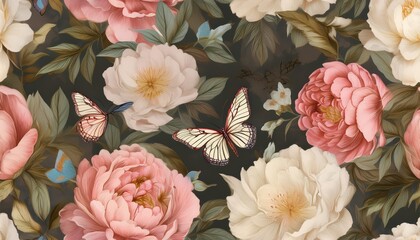 Vibrant Floral Seamless Pattern A Whimsical Garden Filled with Gorgeous Peonies, Roses, and Butterflies in a Timeless Vintage Style, Perfect for Digital Art, Home Decor, or Design Inspiration.