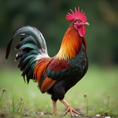Vibrant Majestic Rooster Displaying Rich Plumage Against a Lush Green Background