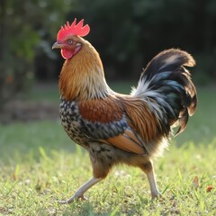 Fototapeta premium Vibrant Rooster Strutting Proudly In A Lush Green Garden Under Warm Sunlight