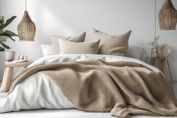 A cozy bedroom featuring a stylish bed adorned with soft pillows and a warm blanket, creating a serene and inviting atmosphere.