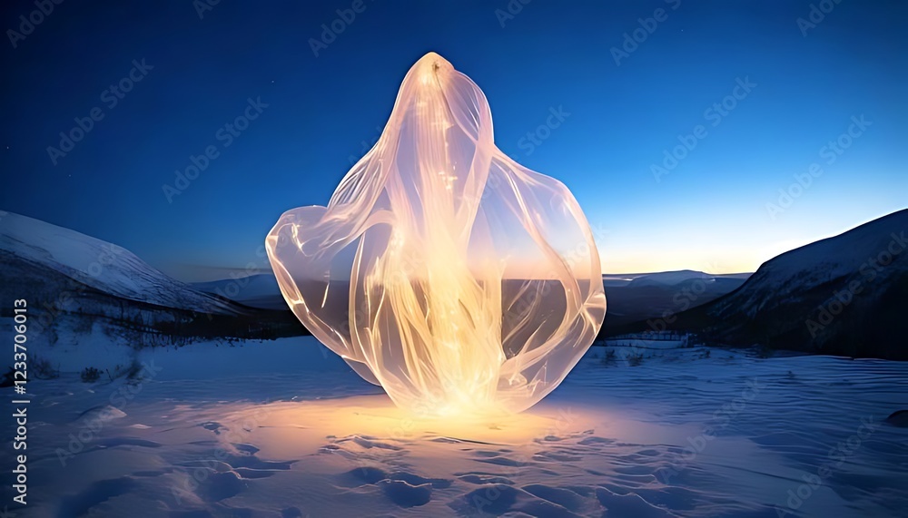 Poster a translucent, glowing form floats above a snowy landscape with soft light (1)