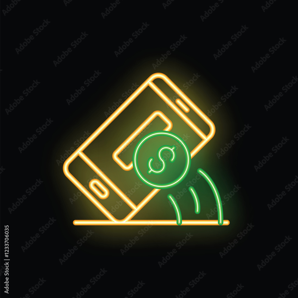 Aufkleber neon sign representing a smartphone sending a dollar currency using contactless payment system