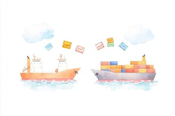 Obraz premium Illustration of ships exchanging cargo at sea.