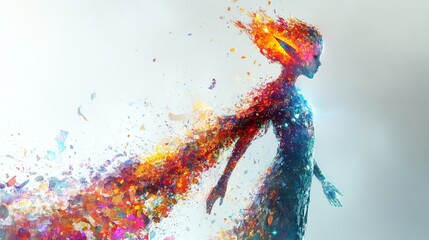 An abstract depiction of a little elf with a shimmering, iridescent outfit that seems to change colors, set on a blank white canvas