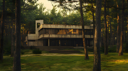 Obraz premium Modern architecture blends with nature in a tranquil forest setting during golden hour. Generative AI
