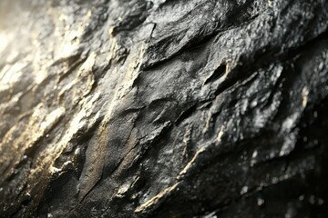 Textured Surface of Dark Rock with Shimmering Highlights Captured in Close-Up, Showcasing Natural Beauty and Intricate Details with Glossy Finish