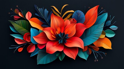 Vibrant floral arrangement featuring colorful leaves and blooms against a dark background