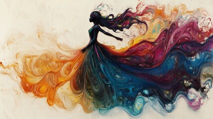 An abstract depiction of a tiny elf wearing flowing, multicolored fabrics with whimsical, swirling designs, standing on a blank white canvas