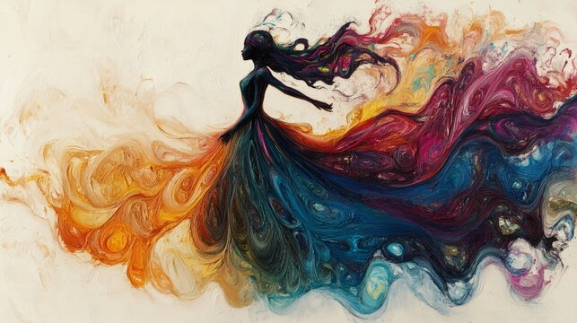 An abstract depiction of a tiny elf wearing flowing, multicolored fabrics with whimsical, swirling designs, standing on a blank white canvas