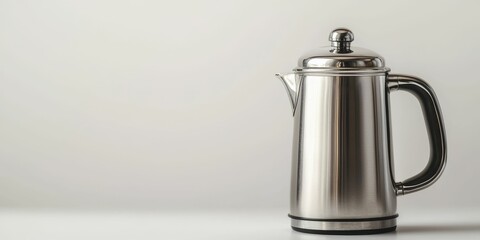 A polished silver coffee pot stands elegantly on a white surface, showcasing its sleek design and classic appeal.