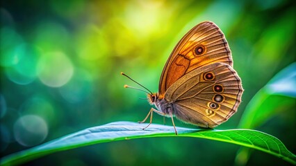 Obraz premium Brown Butterfly Perched on a Green Leaf in Nature
