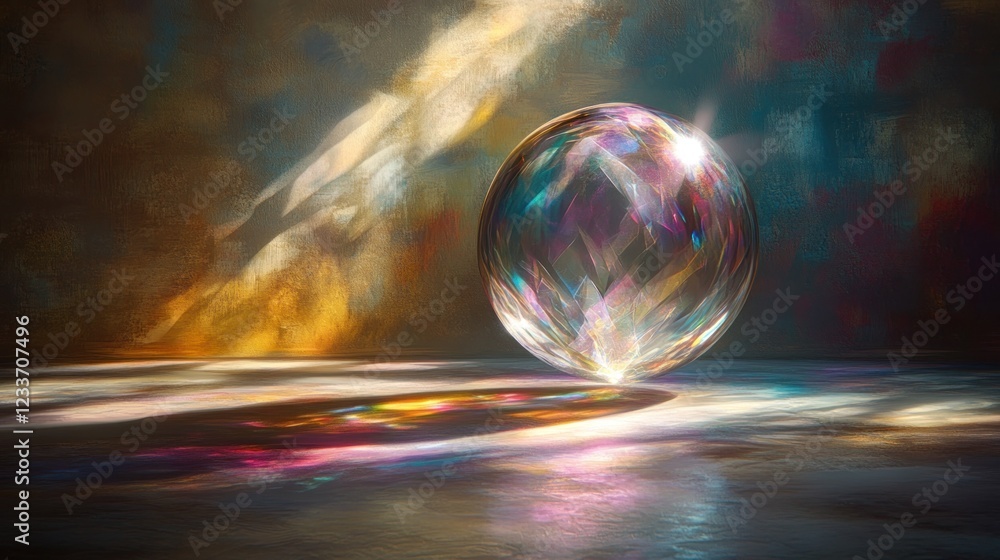 Poster crystal sphere casting colorful reflections on textured surface