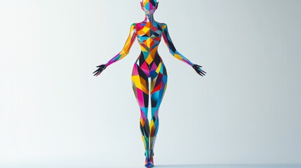 An abstract elf figure with bold, kaleidoscopic colors and geometric patterns in its attire, floating against a plain white background 