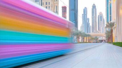 Obraz premium Colorful tram speeding through modern city, skyscrapers background, travel