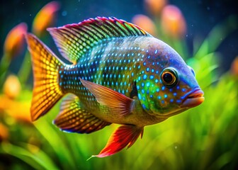 Fototapeta premium Geophagus Fish Silhouette Swimming in Aquarium Close-up
