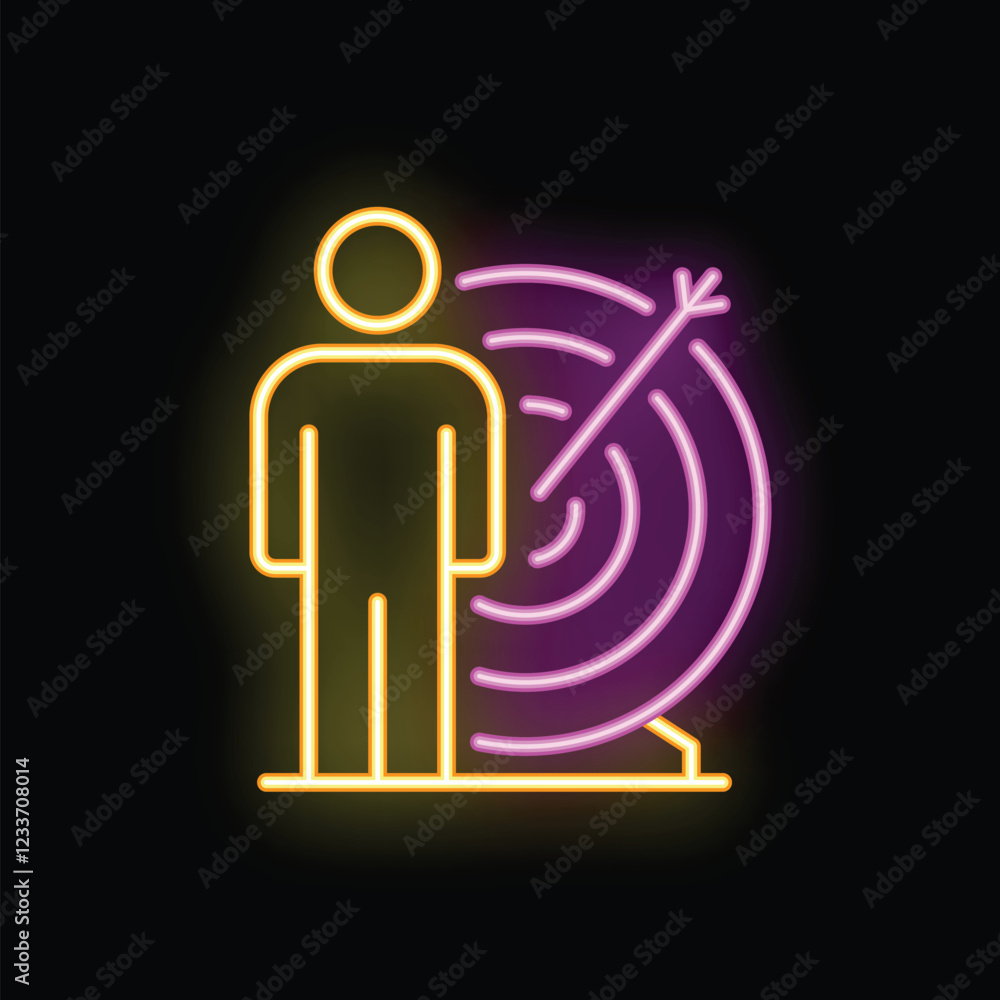 Poster neon signboard style icon of a businessman standing near a dartboard with an arrow in the center